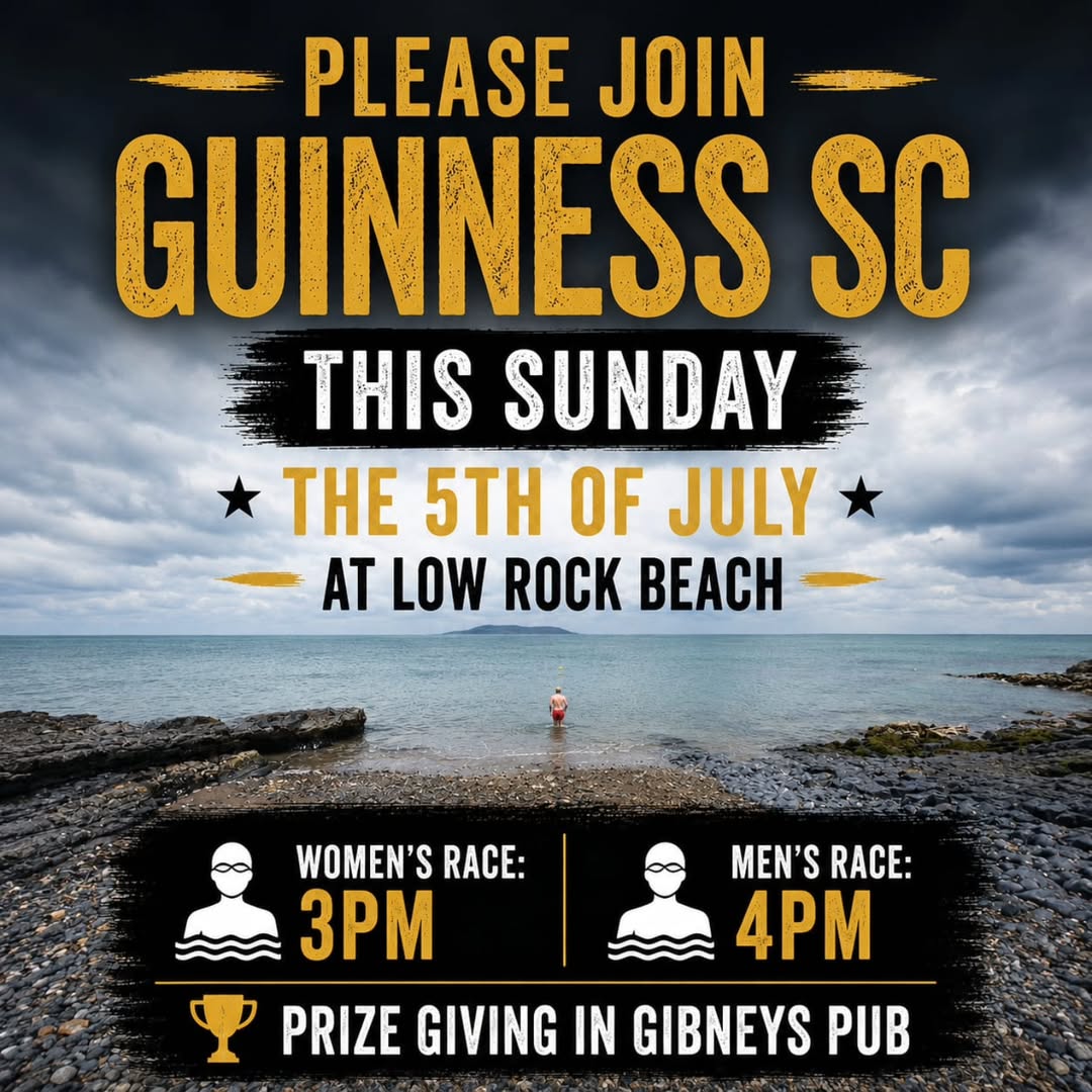 Poster for the club sea race at Low Rock beach — women's race 3pm, men's 4pm, prize-giving in Gibneys