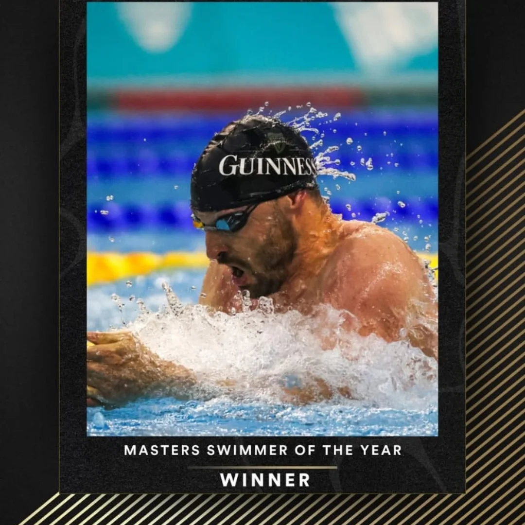 Barry Murphy powering through breaststroke in a Guinness cap — Masters Swimmer of the Year award